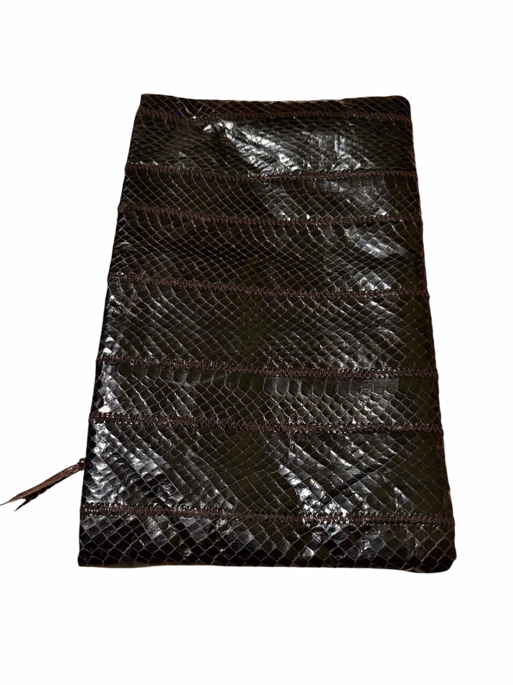 Clemente vintage brown chocolate snakeskin clutch w/ zipper closure